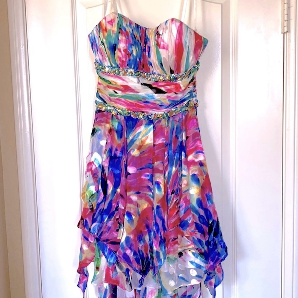 La Femme Multicolor Strapless Dress